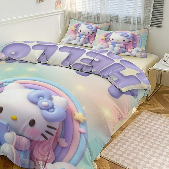 Hello Kitty 3-piece Bed Set, 1Cover and 2 Pillowcases Sizes: Twin, Full, Queen, King