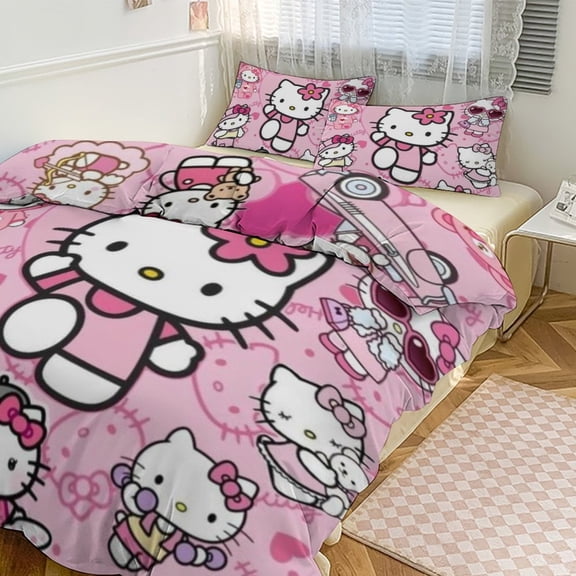 Hello Kitty 3-piece Bed Set, 1Cover and 2 Pillowcases Sizes: Twin, Full, Queen, King