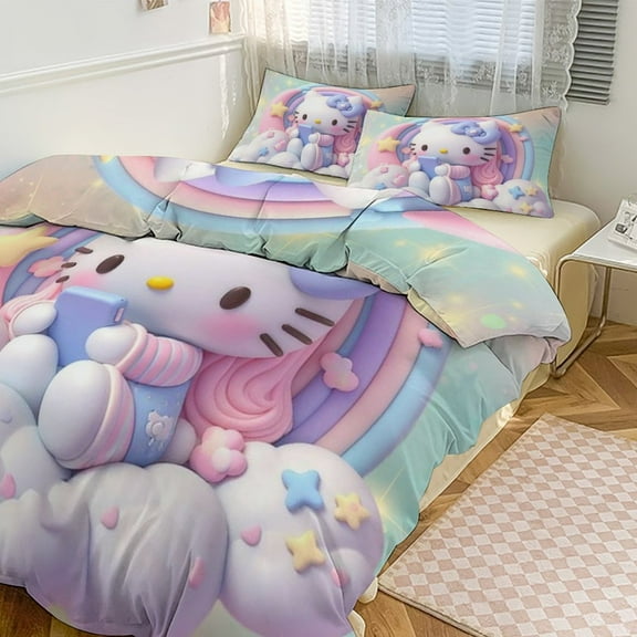 Hello Kitty 3-piece Bed Set, 1Cover and 2 Pillowcases Sizes: Twin, Full, Queen, King