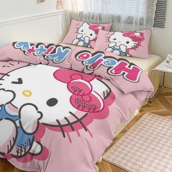 Hello Kitty 3-piece Bed Set, 1Cover and 2 Pillowcases Sizes: Twin, Full, Queen, King