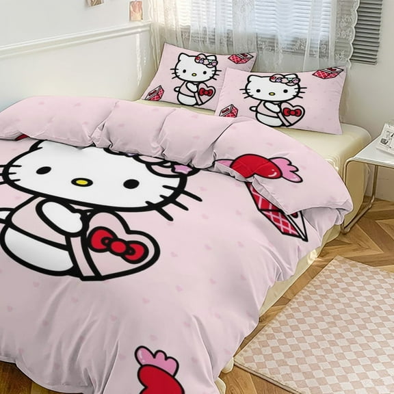 Hello Kitty 3-piece Bed Set, 1Cover and 2 Pillowcases Sizes: Twin, Full, Queen, King