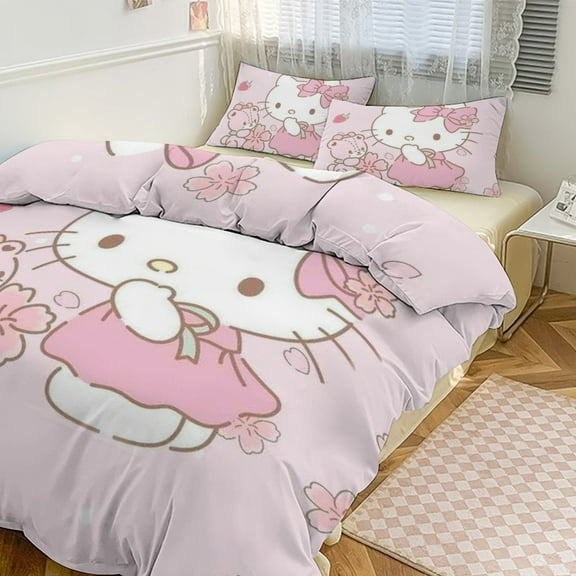 Hello Kitty 3-piece Bed Set, 1Cover and 2 Pillowcases Sizes: Twin, Full, Queen, King