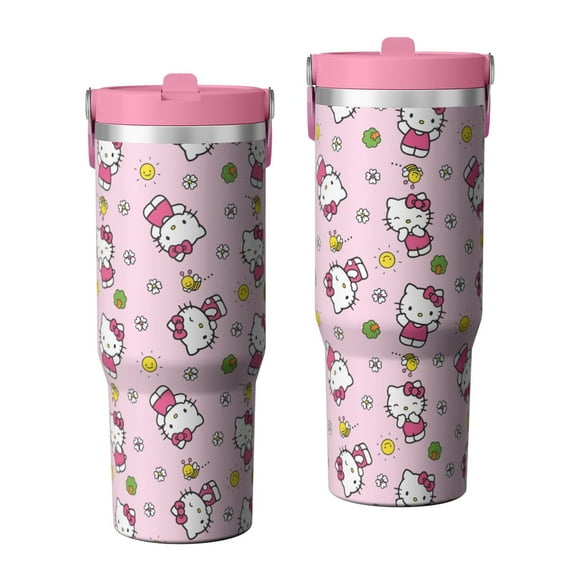 Hello Kitty 30oz Stainless Steel Tumbler with Sip Lid and Carry Handle, Cute Pink Insulated Travel Cup for Hot and Cold Drinks, Double Wall Coffee Mug Gift for Hello Kitty Lovers 1