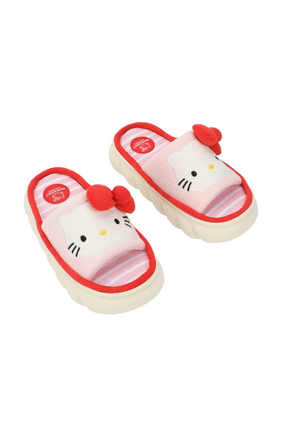 Hello Kitty 3D Character Face Art Women's Pink & White Striped Open-Toed Slide Slippers-Large