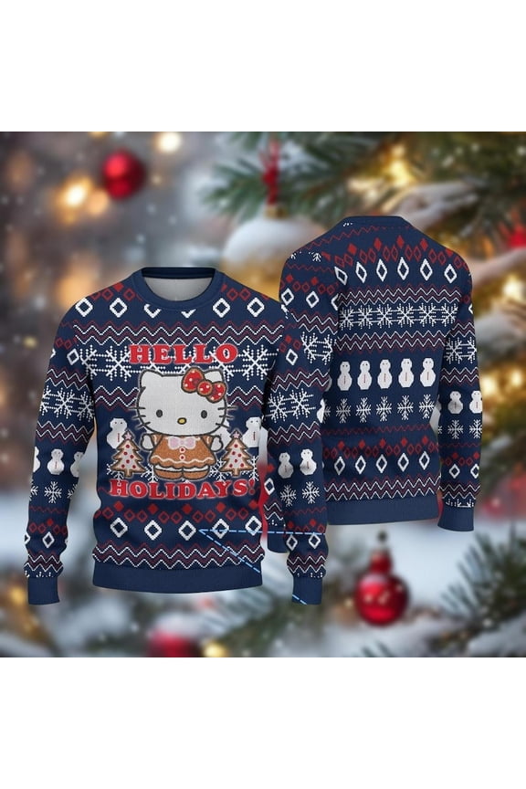 Hello Kitty 3D Christmas Sweater, Kitty Cat Sweater, Hello Holiday Sweater Women, Cute Cartoon Sweatshirt For Kids, Xmas Gift For Her
