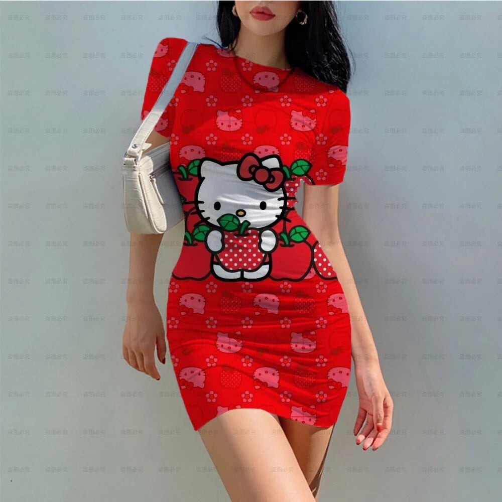 hello-kitty-3d-bodycon-mini-dresses-for-women-short-sleeve-o-neck-dress