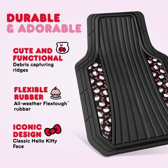 Hello Kitty 4-Piece Car Mats - Kawaii Rubber Floor Mats for Cars, Trucks, SUVs. Non-Slip, Heavy Duty, Cute Black Mats with Red Bows. Perfect for Men & Women. Classic Hello Kitty Car Accessories