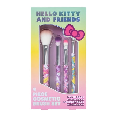 Hello Kitty 4-Piece Cosmetic Brush Set with Powder, Blender, Eyeshadow & Eyeliner Brushes