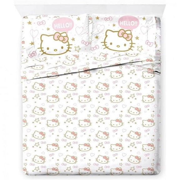Hello Kitty 4-Piece Popular Characters White & Pink Stars & Hearts Polyester Sheet Set, Full