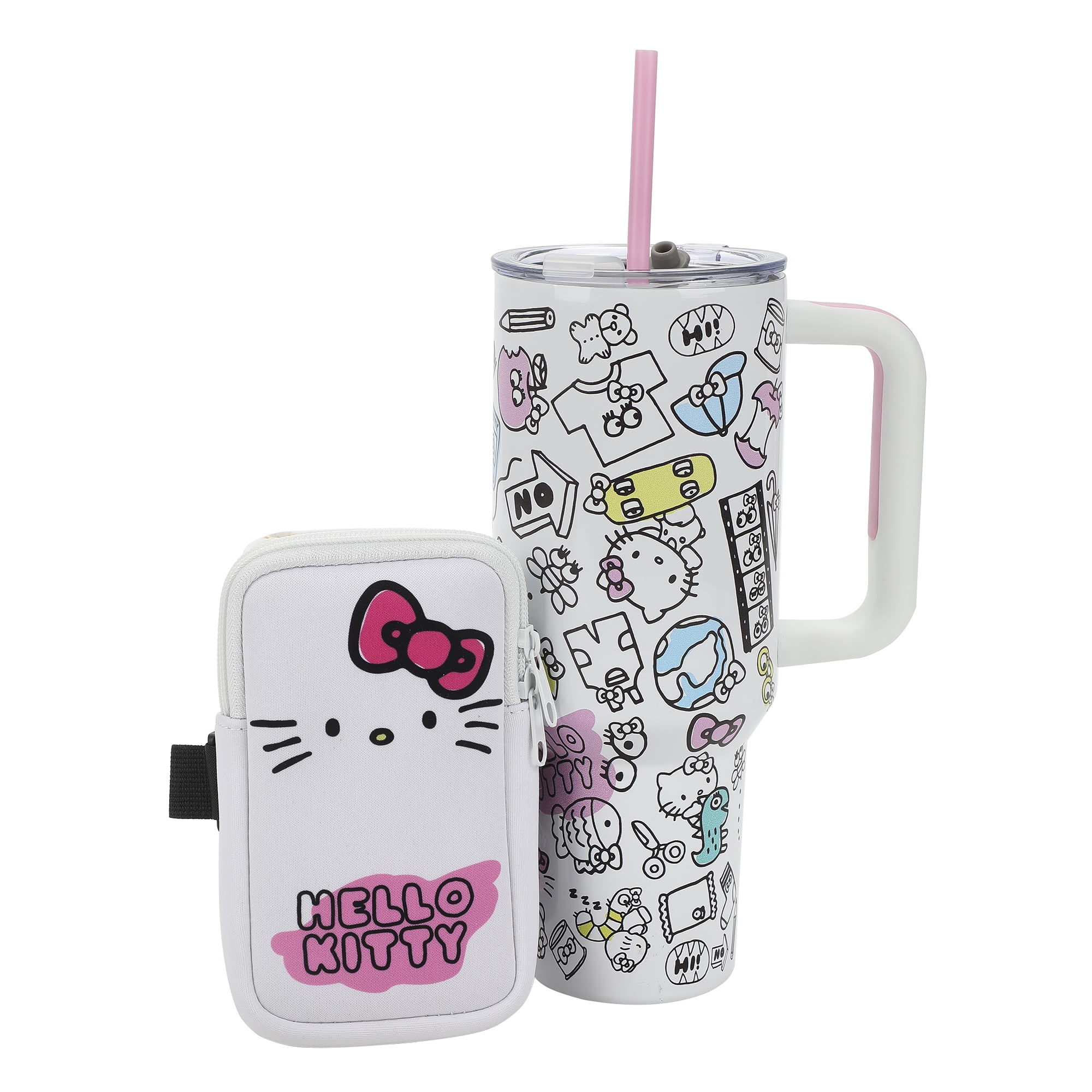 Bioworld Hello Kitty 40 Oz Vacuum Insulated Stainless Steel Tumbler with Handle & Slip-On Pouch, Leak-Proof Lid for Travel, Work, or Home