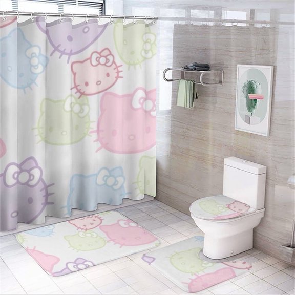 Kawaii Cat 4PCS Shower Curtain Bathroom Set with Rugs, Toilet Lid Cover And Bath Mat, Shower Curtain with 12 Hooks, Durable Bathroom Decor Set