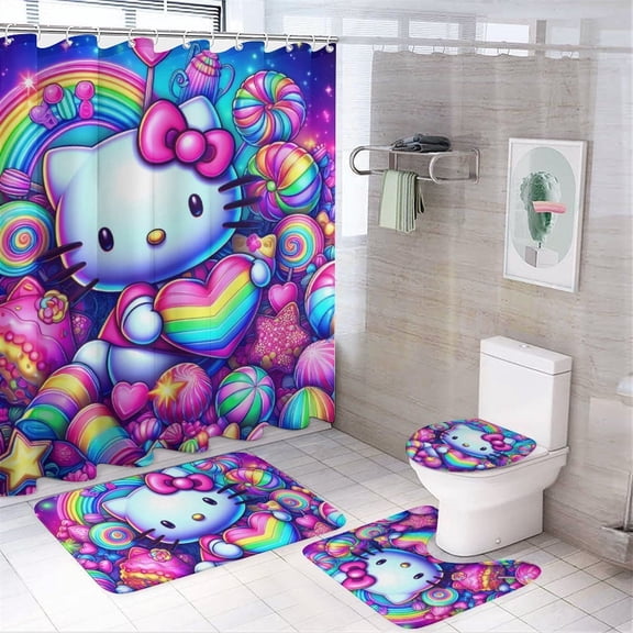 Kawaii Cat 4Pcs Family Shower Curtain Sets with Non-Slip Rugs, Toilet Lid Cover and Bath Mat, Black Home Bathroom Decor Set Accessories Waterproof Shower Curtains with 12 Hooks, 71 x 71 Inch