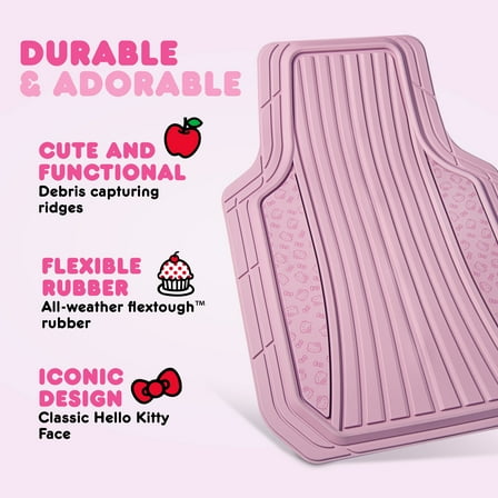Hello Kitty 4pc Car Mats for Cars, Trucks, SUVs - Pink Rubber Floor Mats for Women & Men, Heavy Duty Non-Slip Front & Rear Mats, Cute Hello Kitty Car Accessories, Pink/Pink