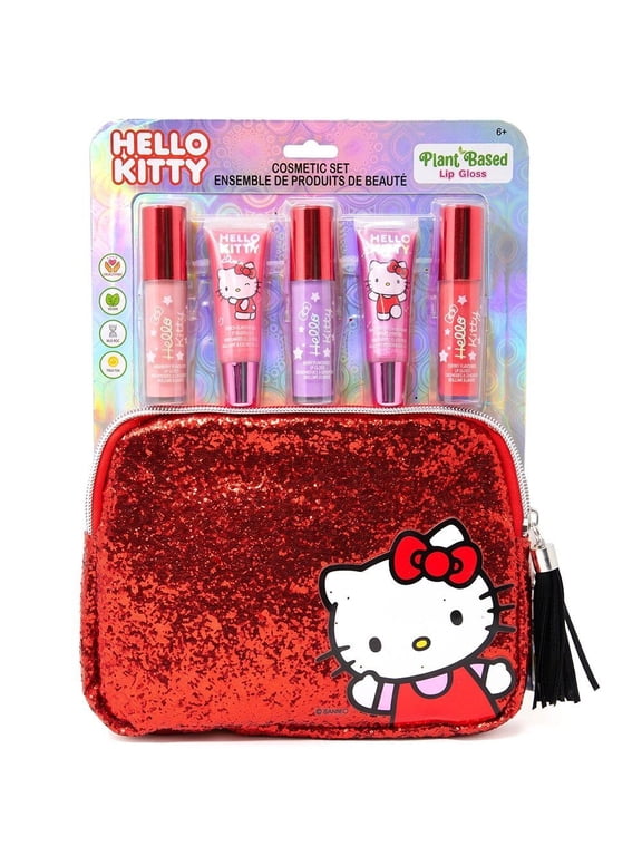 6-Piece Cosmetic Set with 5 Plant-Based Lip Glosses & Red Glitter Makeup Bag, Ages 6+