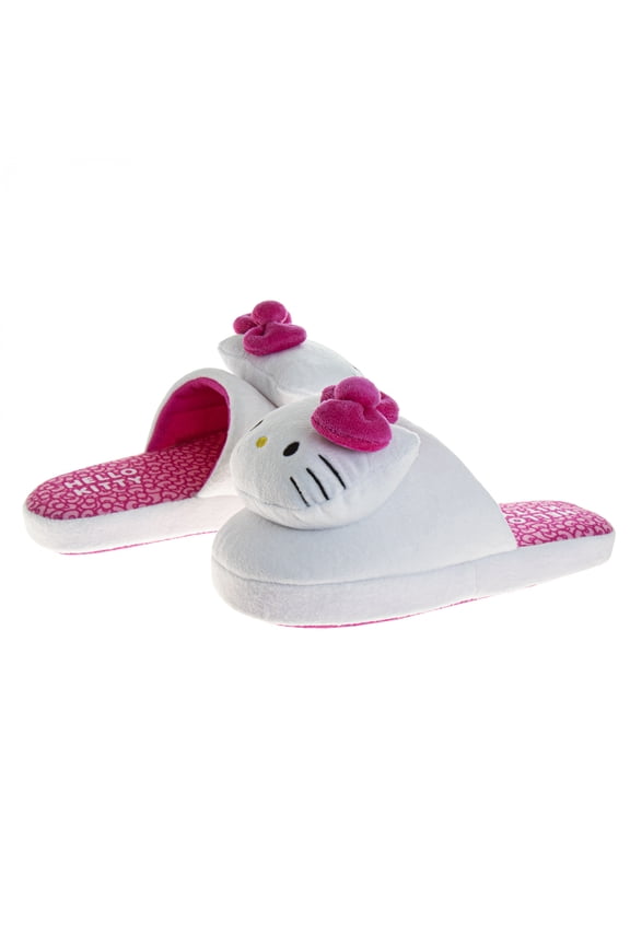 888478-size7-8 Hello Kitty 3D Plush Face Pink Bow Womens Slippers - Size 7-8