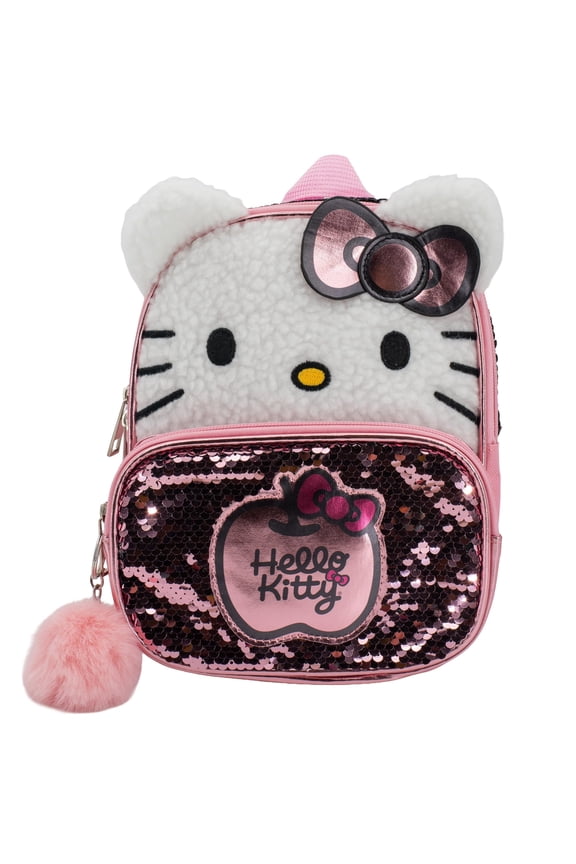 Hello Kitty 9” Micro Mini Backpack Purse Featuring 3D Ears & Bow, Sherpa & Sequin Material, & Pompom Dangle, Pink