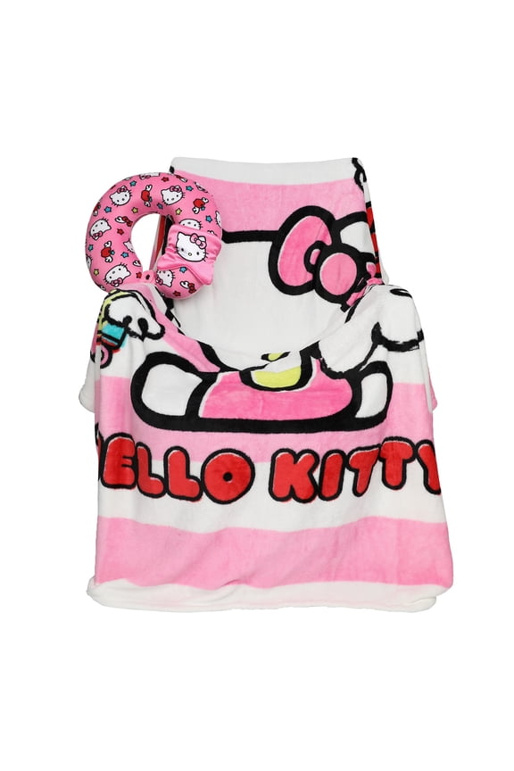 Hello Kitty Adult Travel Set with Neck Pillow Eye Mask and Throw Blanket - Adorable Comfort for Hello Kitty Fans on the Go!