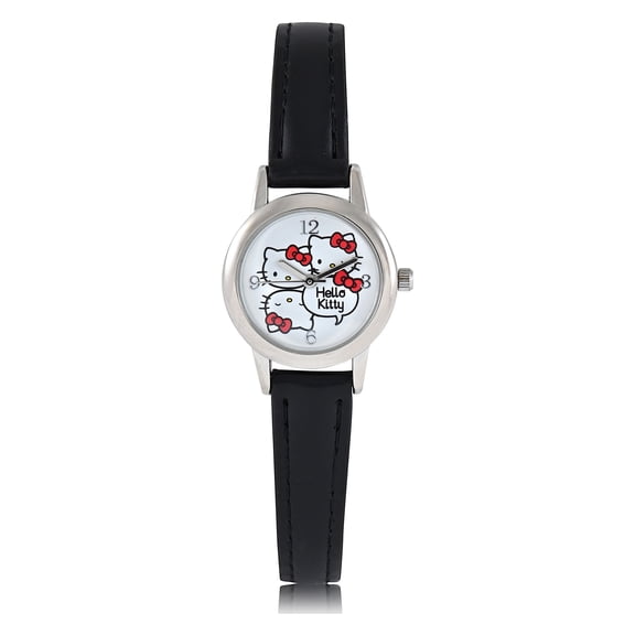 Hello Kitty Adult Women's Analog Watch with Multi Icon White Dial with Silver Round Case on Black PU Strap (HK5123WM)