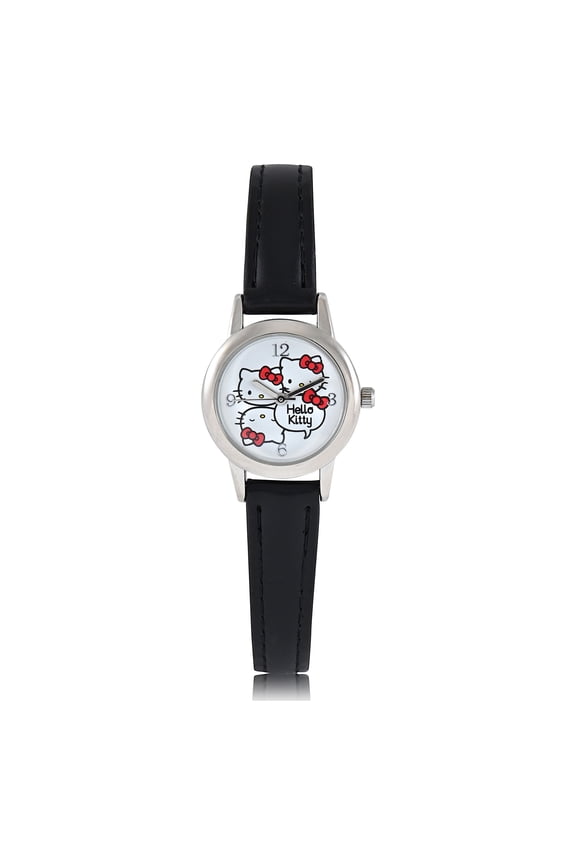Hello Kitty Adult Women's Analog Watch with Multi Icon White Dial with Silver Round Case on Black PU Strap (HK5123WM)
