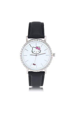 Hello Kitty Adult Women's Analog Watch with White Dial and 1 Line of Rhinestones on Bezel with Black Strap (HK5012WM)