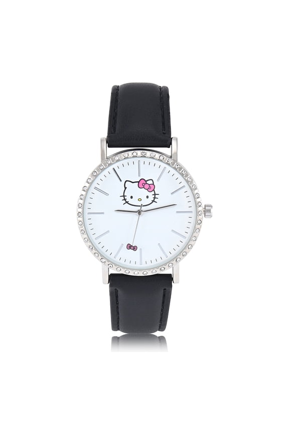 Hello Kitty Adult Women's Analog Watch with White Dial and 1 Line of Rhinestones on Bezel with Black Strap (HK5012WM)