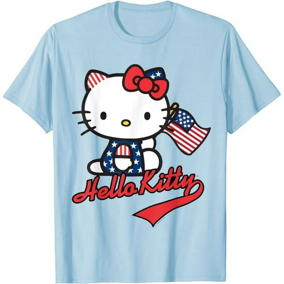 Hello Kitty American Flag T-Shirt, 4th of July Tee, Shirt For Men Women Cat Lovers, Light Blue Color, Size L