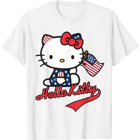Hello Kitty American Flag T-Shirt, 4th of July Tee, Shirt For Men Women Cat Lovers, White Color, Size S
