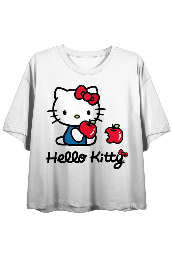 Hello Kitty An Apple A Day Juniors White Boyfriend Crop T-shirt-2XL