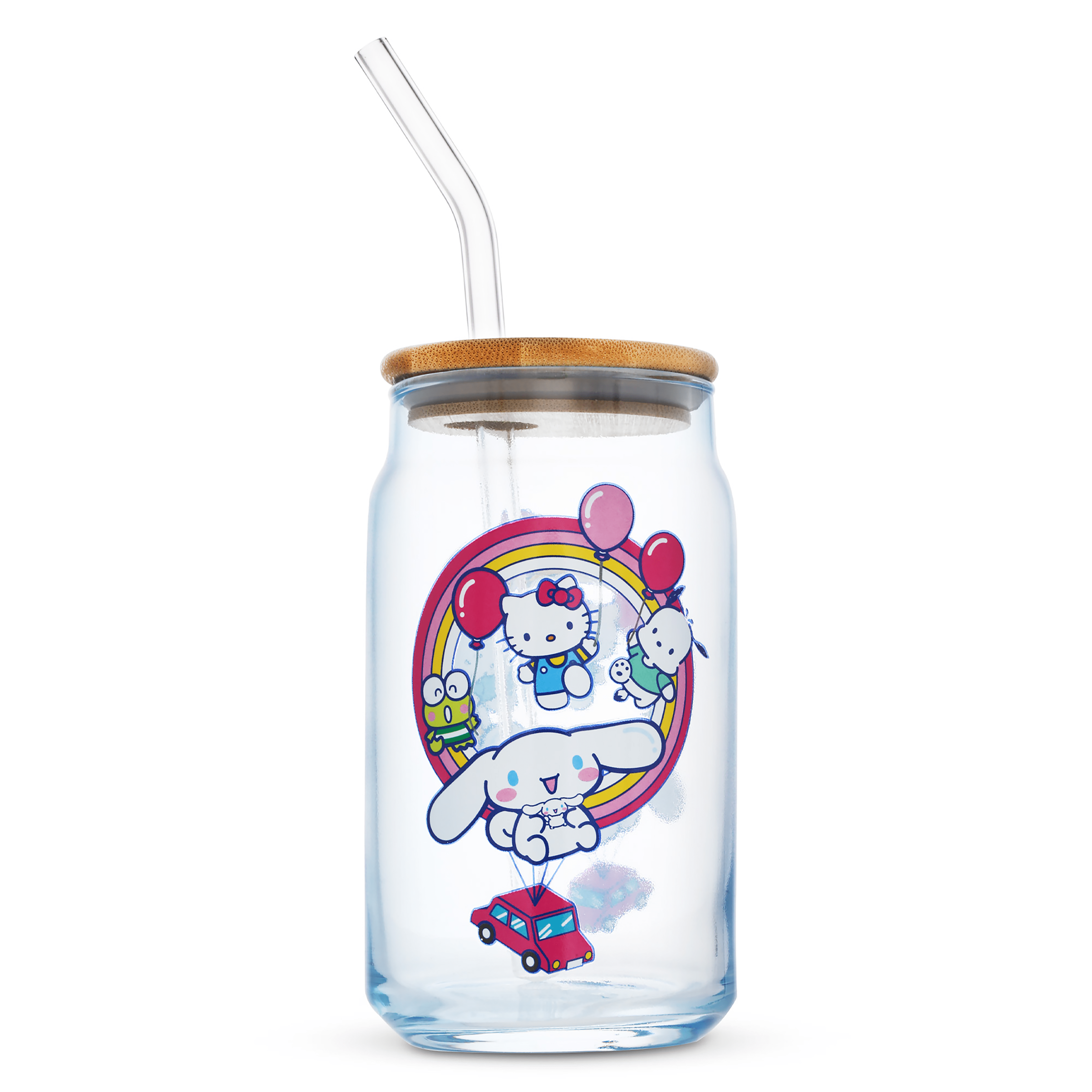 Hello Kitty And Friends Car Float 16oz Glass Tumbler With Bamboo Lid and Glass Straw