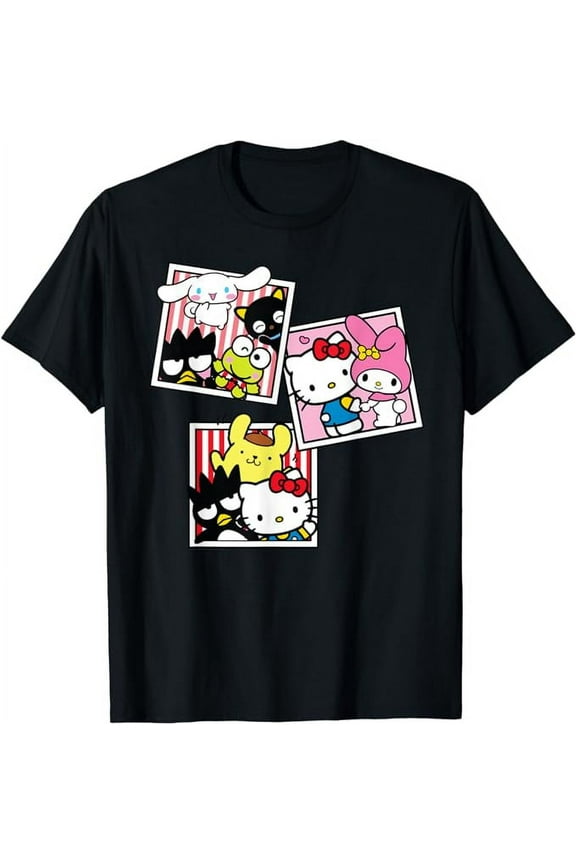 Hello Kitty And Friends Photo Booth Fun Short Sleeve T-Shirt, Cute Kitten Tee Gift For Men Women Cat Lovers, Black Color, Size M