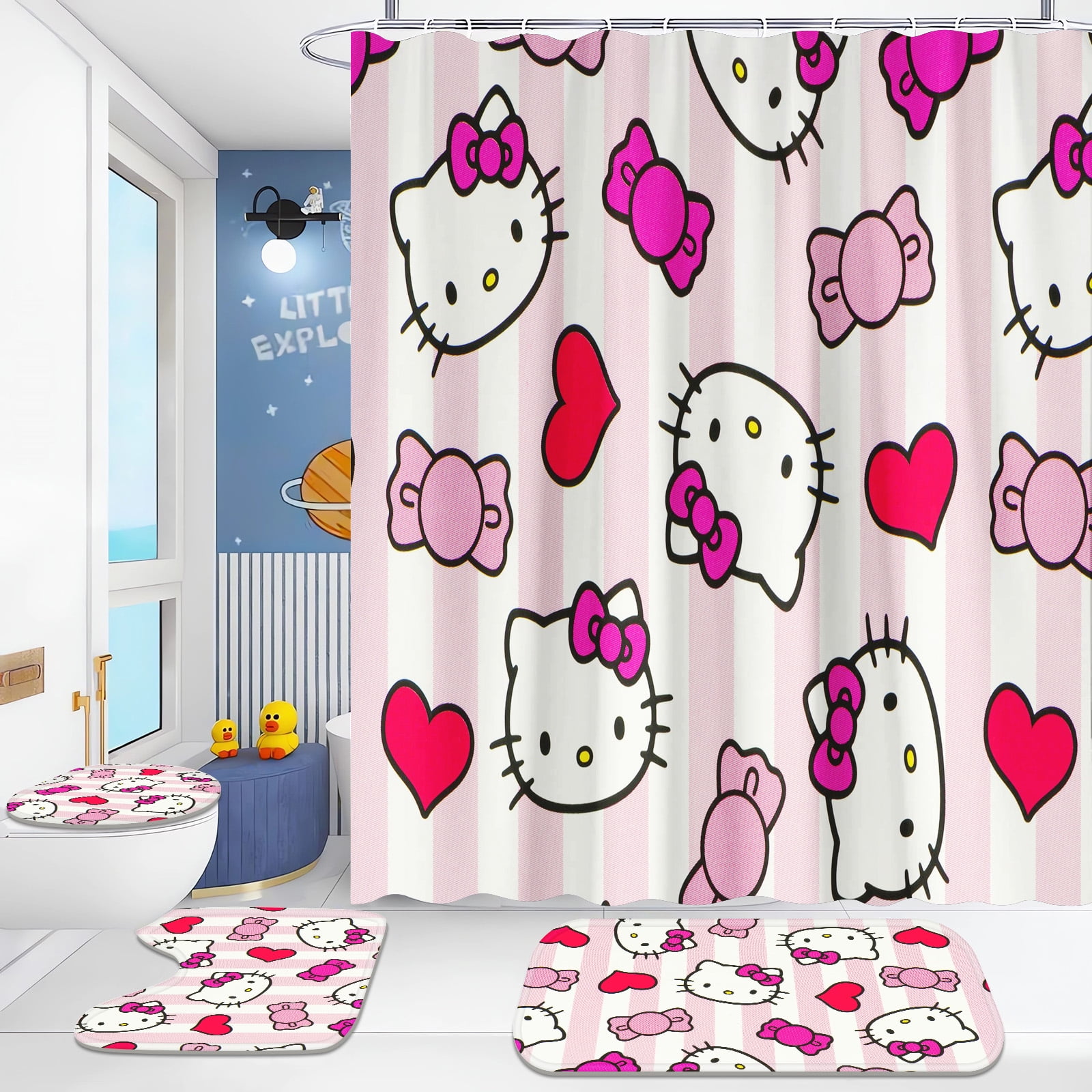 Hello Kitty Anime Shower Curtain 4 Piece Bathroom Set Mats And ...