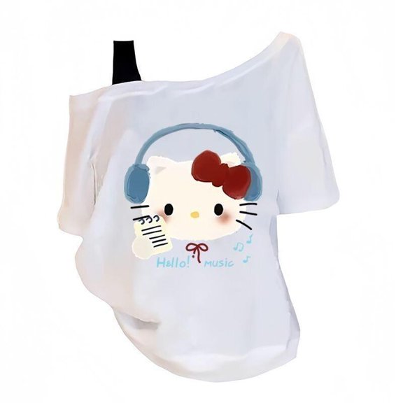 Hello Kitty Asymmetric Shoulder Summer Cute Sweet T-Shirt Party Gifts Fashion Style