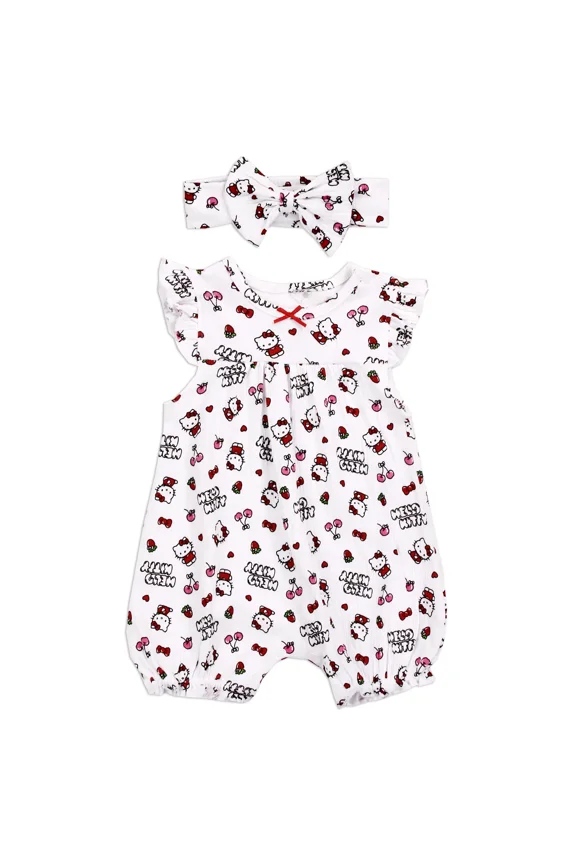 Hello Kitty Baby Bodysuit with Matching Headband, White, Red, Black Officially Licensed Sanrio Design, Soft Cotton Blend 0-3M