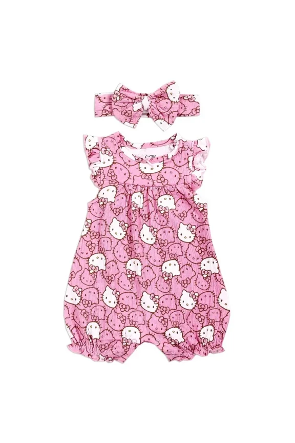 Hello Kitty Newborn Girls Romper Headband Pink Outfit Set Size 9 Months