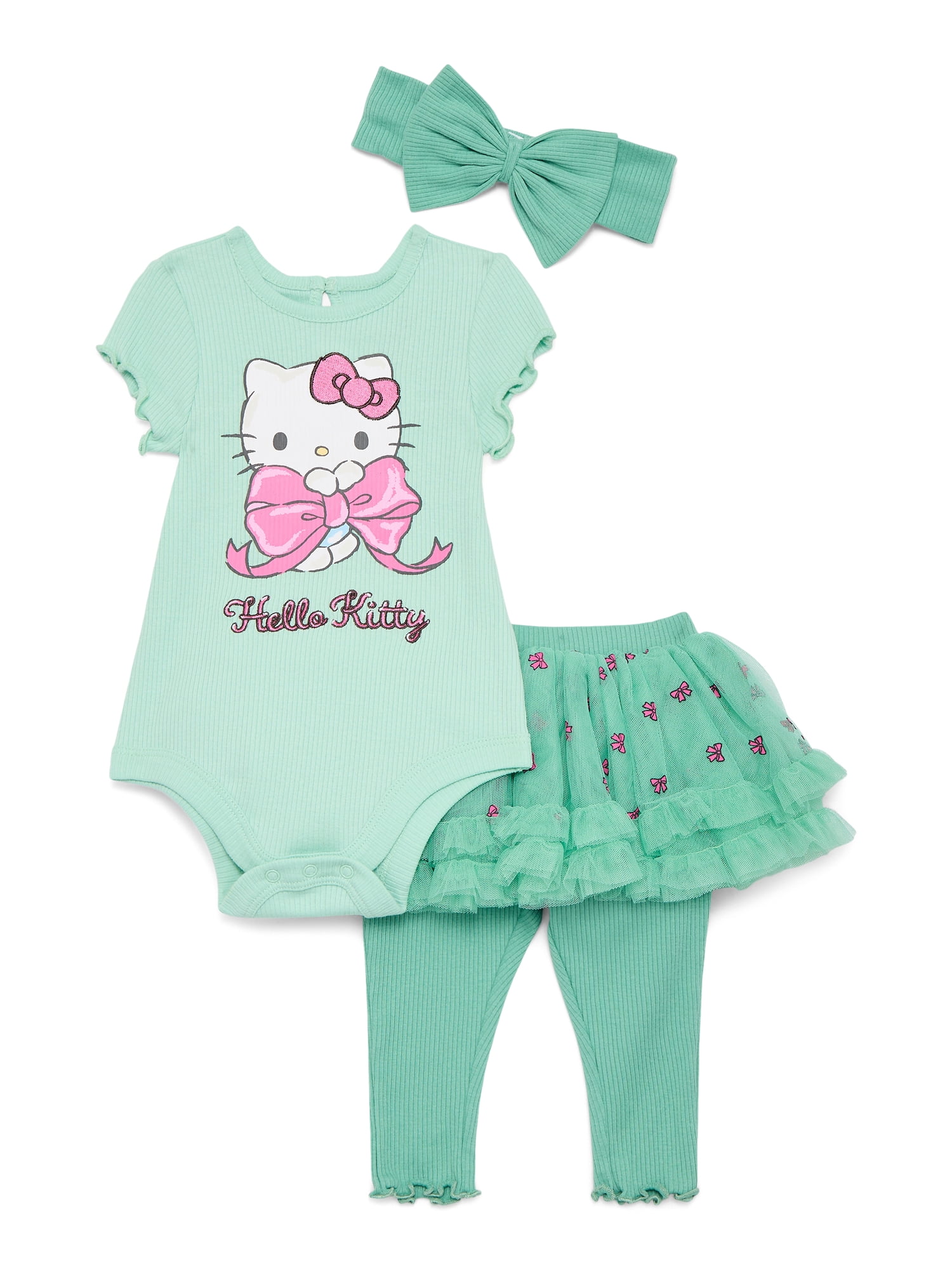 Hello Kitty Baby Girls' Graphic Bodysuit, Skeggings and Bow Headband Set, 3-Piece, Sizes 0/3M-24M