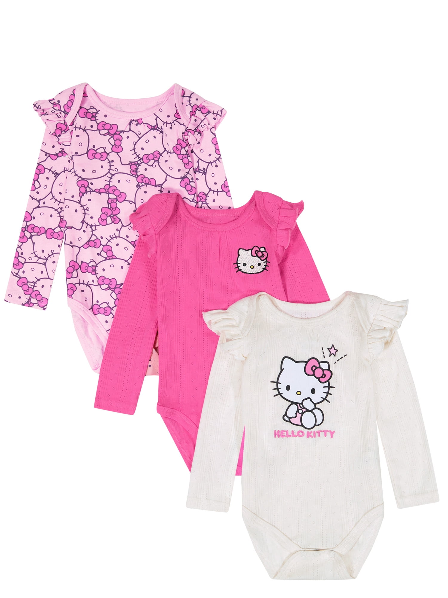 Hello Kitty Baby Girls 3 Pack Long Sleeve Bodysuit, Size 0-24 Months