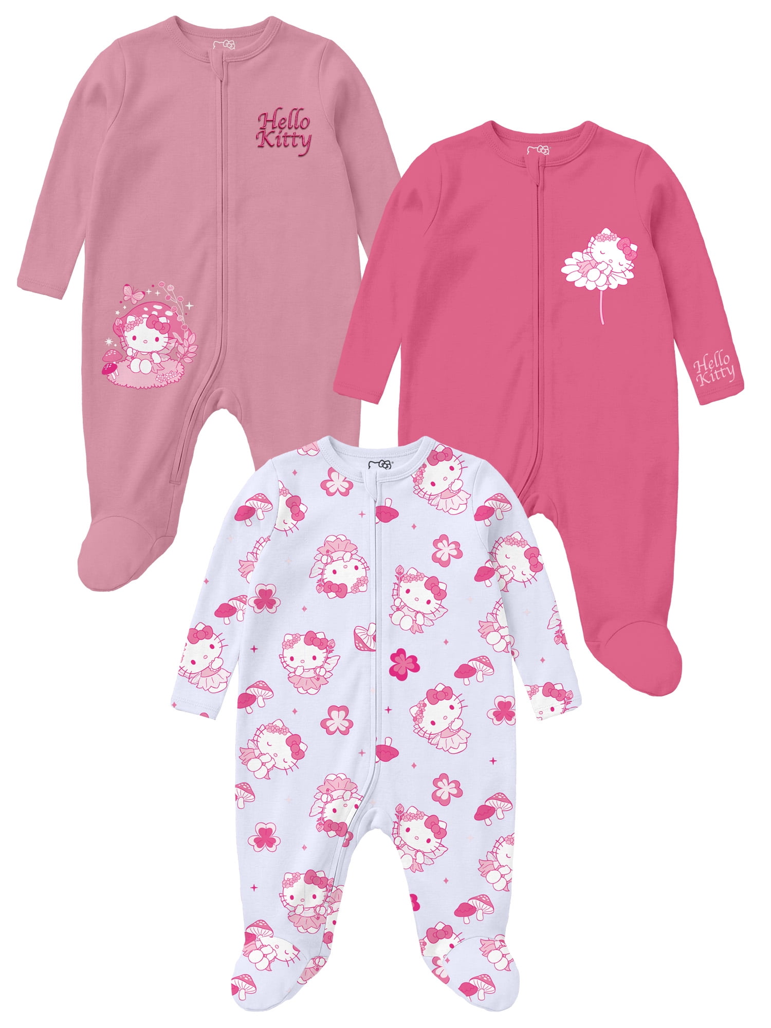 Hello Kitty Baby Girls 3 Pack Sleep n’ Play Coverall, Sizes Newborn-9M