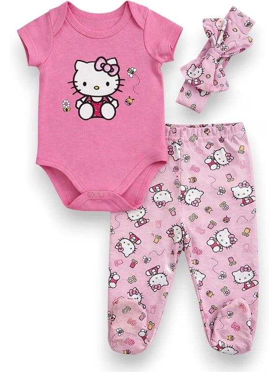 Baby Girls' 3-Piece Bodysuit, Footed Pants & Bow Headband Set, Pink, 3 Months