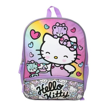 Hello Kitty Backpack 16" Sanrio Front Zipper Pocket Teddy Bears Hearts Cupcakes