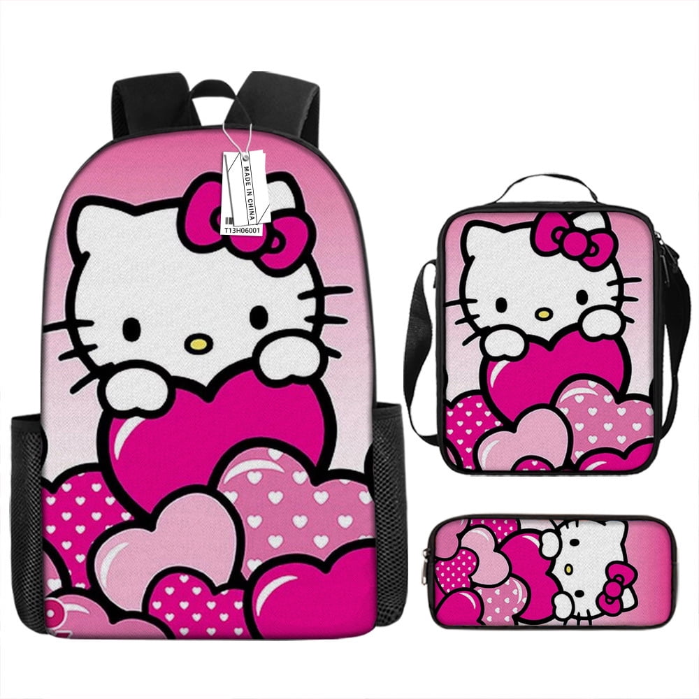 Hello Kitty Backpack with Lunch Box Pencil Case Set Kawaii Large Capacity 3PCS Backpack for Traveling