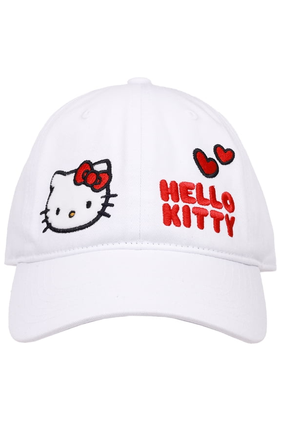 Hello Kitty Baseball Cap, Women's Dad Hat with Flat Brim and Faux Fur Patch, White, One Size