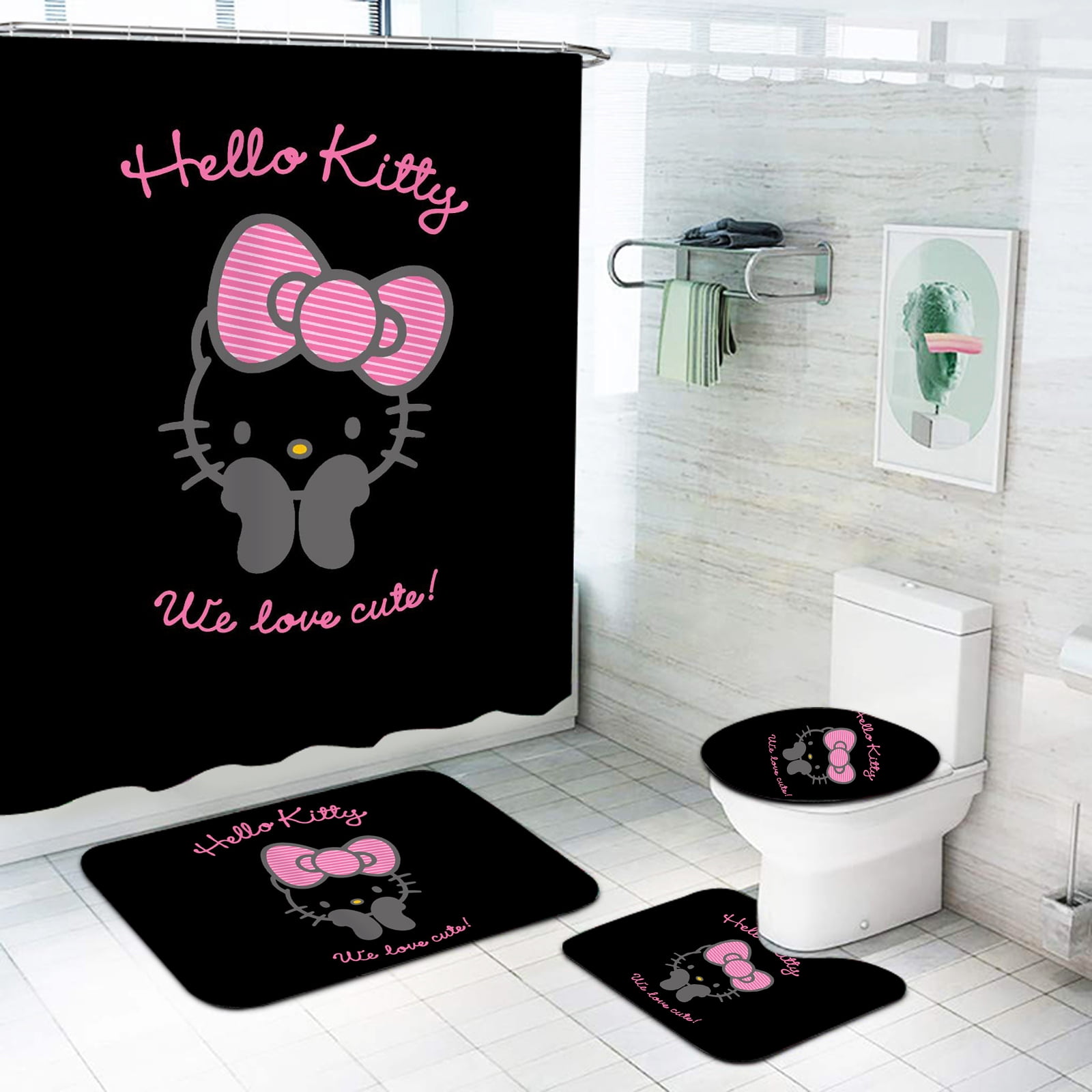 Hello Kitty Bathroom Sanrio Accessories Shower Curtain 4 Piece Set Mats ...