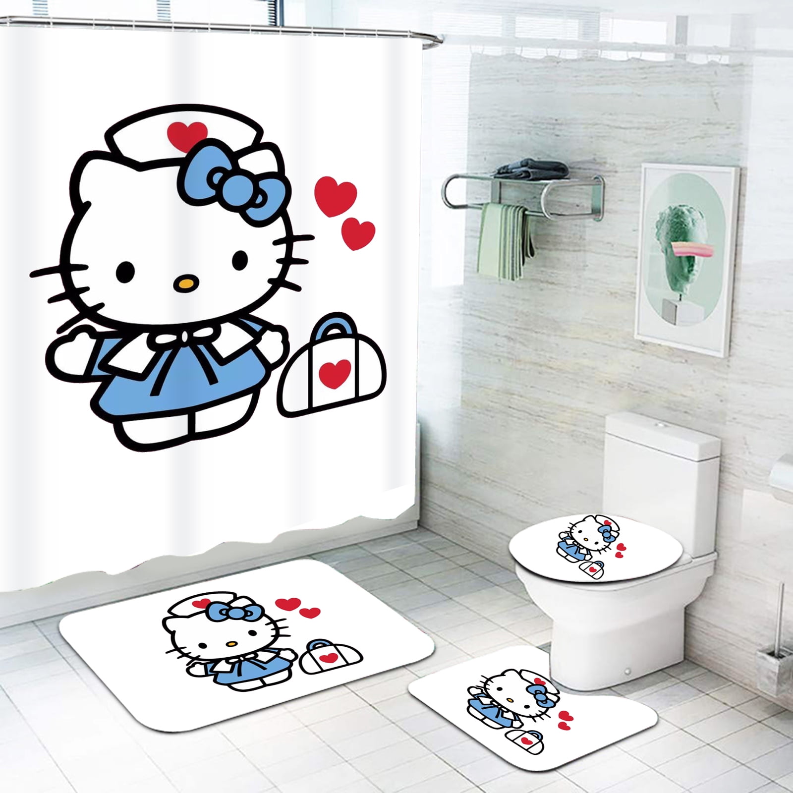 Hello Kitty Bathroom Sanrio Accessories Shower Curtain 4 Piece Set Mats ...