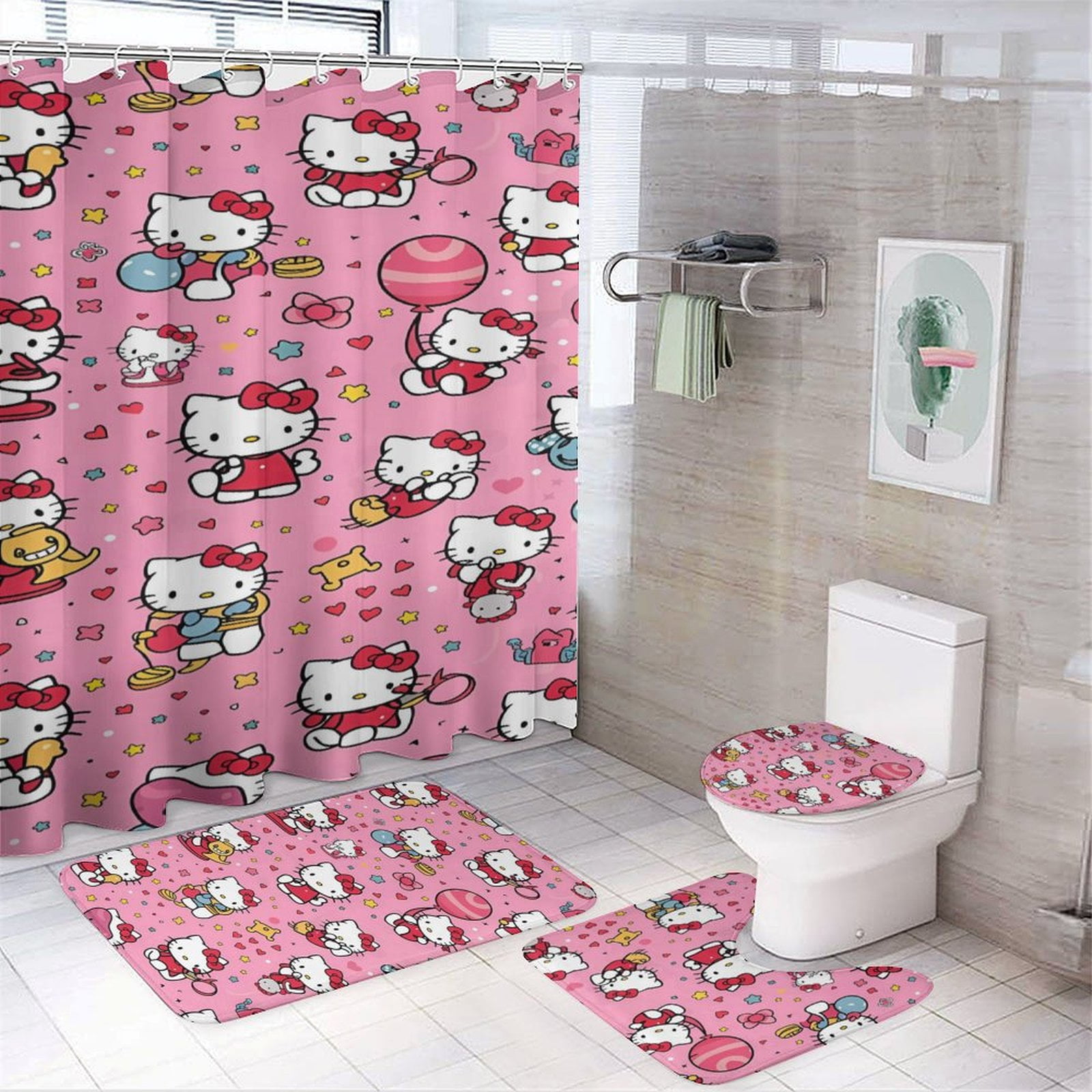 Hello Kitty Bathroom Set - 4 Piece Shower Curtain Set with 72x72 inch ...