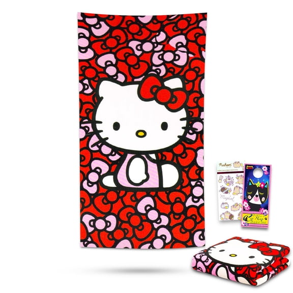 Hello Kitty Beach Towel Set - Bundle with 27x54" Hello Kitty Pool Towel Plus Stickers and More (Hello Kitty Bath Towel for Kids and Adults)