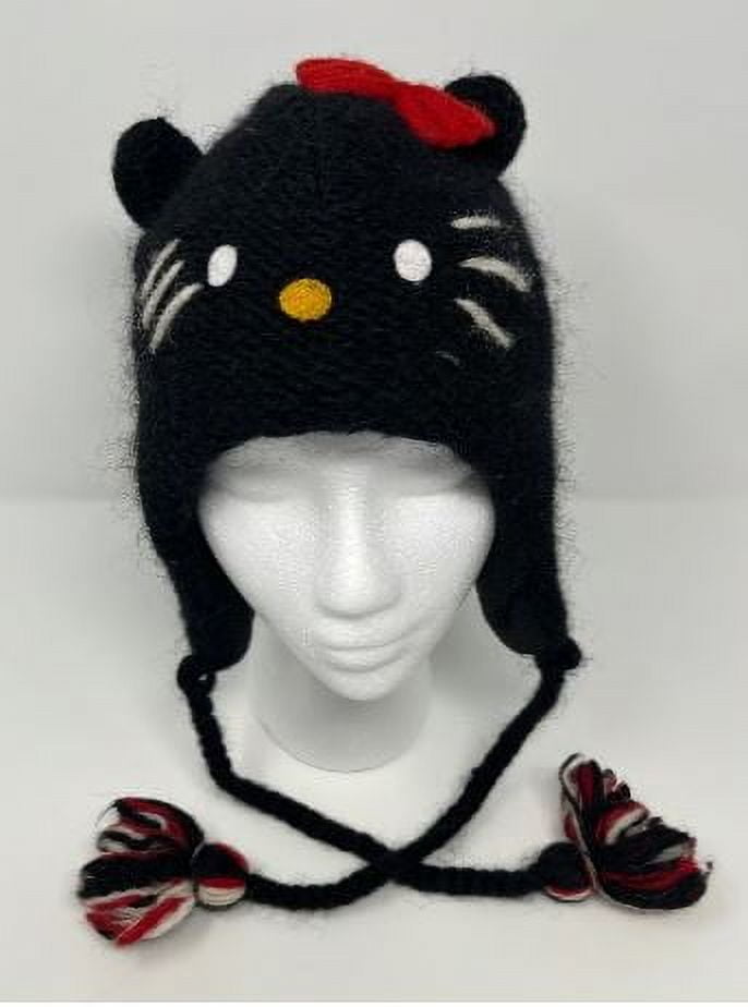 Hello Kitty Beanie Hat Laplander Black Knit Handmade Sanrio