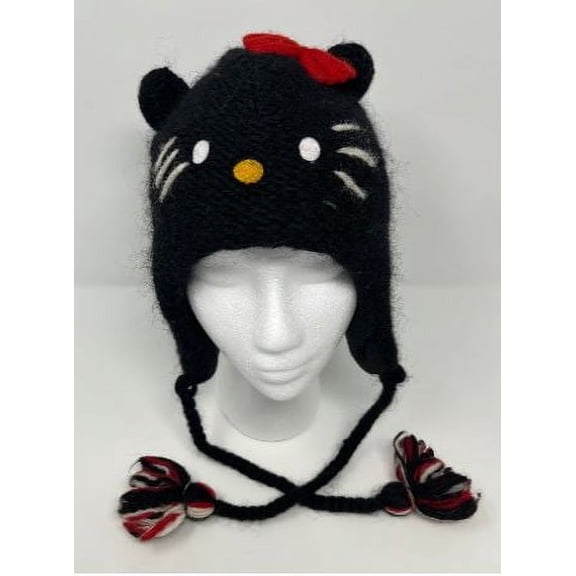 Hello Kitty Beanie Hat Laplander Black Knit Handmade Sanrio Hello Kitty Winter Beanie Hat