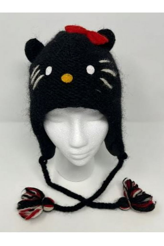 Beanie Hat Laplander Black Knit Handmade Sanrio Hello Kitty Winter Beanie Hat