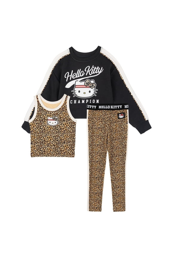 Big Girls' Athletic 3-Piece Sweatshirt and Leggings Set Hello Kitty Leopard