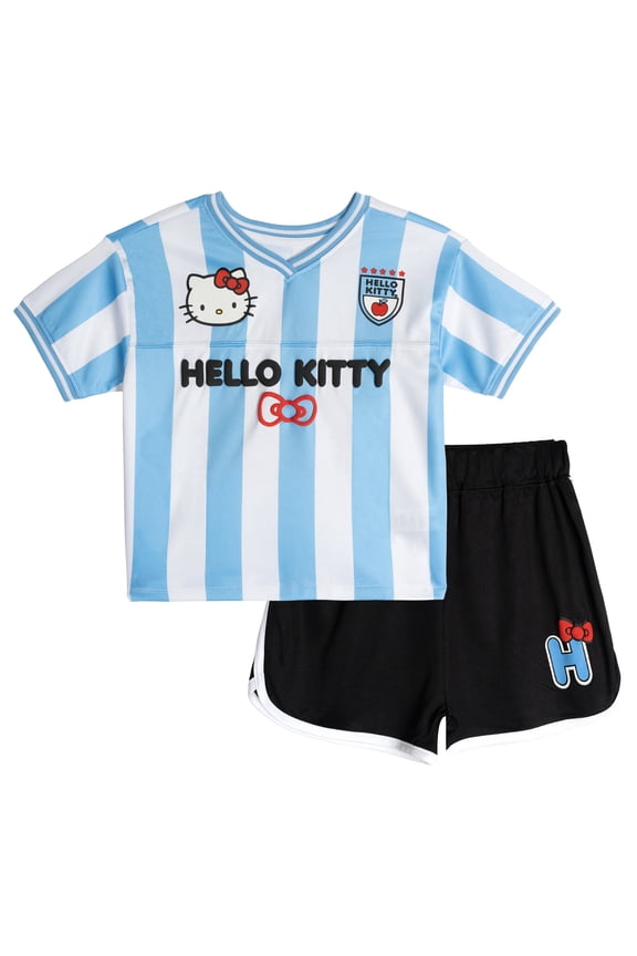 Big Girls' Athletic Jersey T-Shirt and Mesh Shorts Set White/Blue and Black Hello Kitty